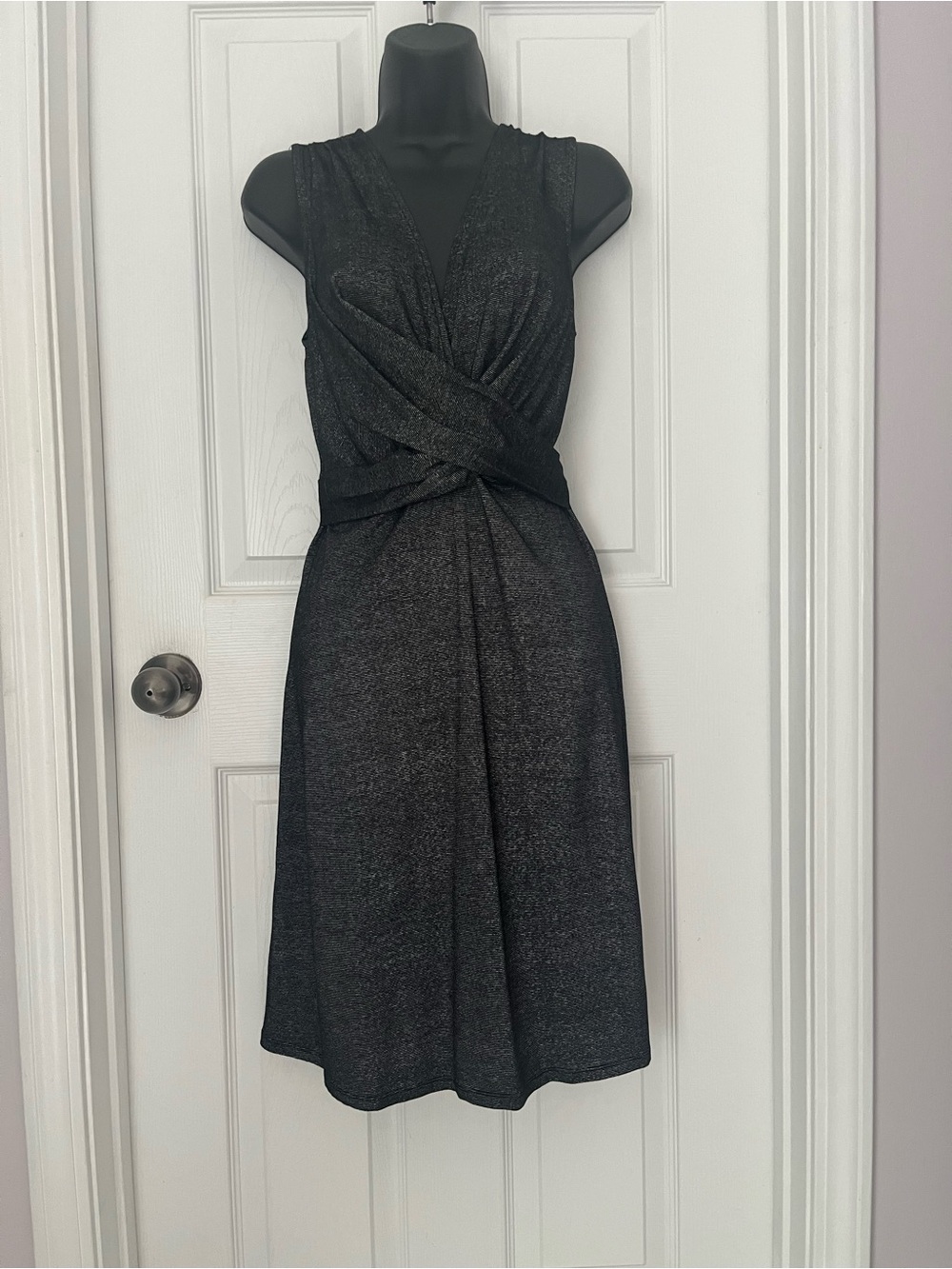 Sleeveless Shimmer Wrap-Style Midi Dress in Black